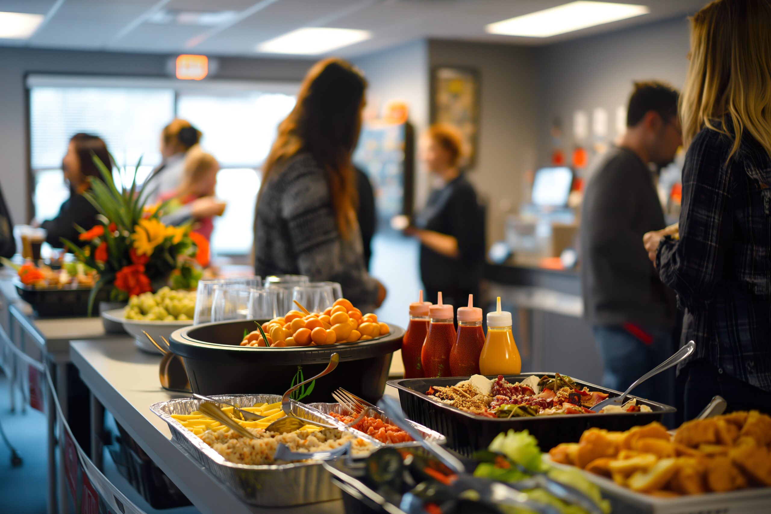 A table overflowing with food and drink at an office celebration for Employee Appreciation Day.